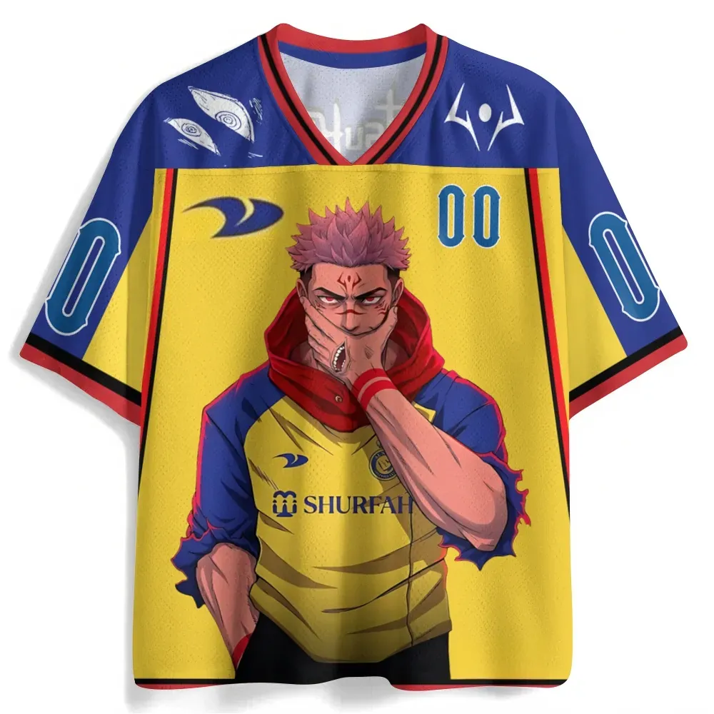 Jujutsu Kaisen Ryomen Sukuna Yuji Itadori Football Jersey, King of Curses Soccer Kit Anime V-Neck Jersey Shirt, Yellow Royal Blue Number 00 Tee