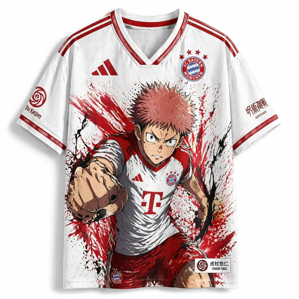 Jujutsu Kaisen Yuji Itadori Football Jersey, Bayern Munich Style Number 10 Anime V-Neck Soccer Jersey Shirt, White Red Splash Sports Tee