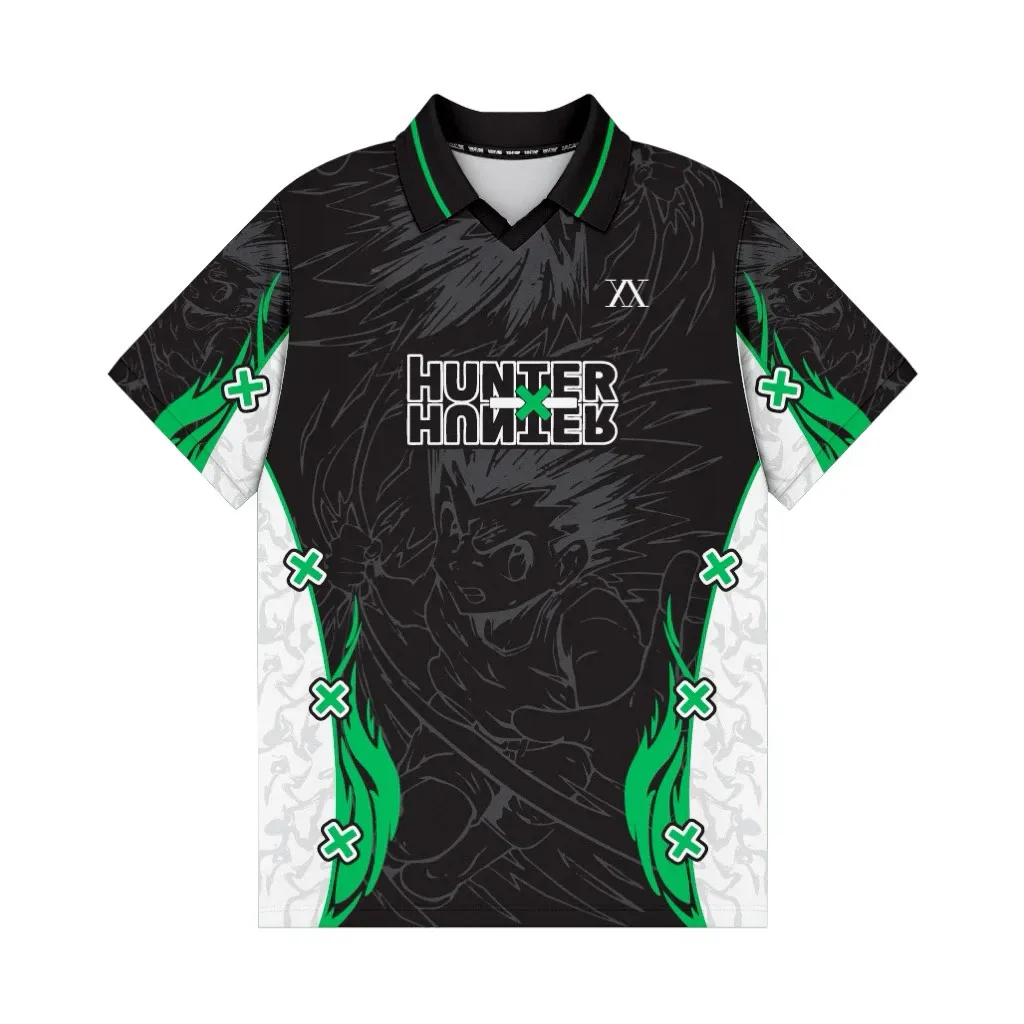 Hunter x Hunter Gon Freecss Football Jersey, Black Green and White Collared Anime Soccer Jersey Shirt, Hunter Association Emblem Streetwear Tee