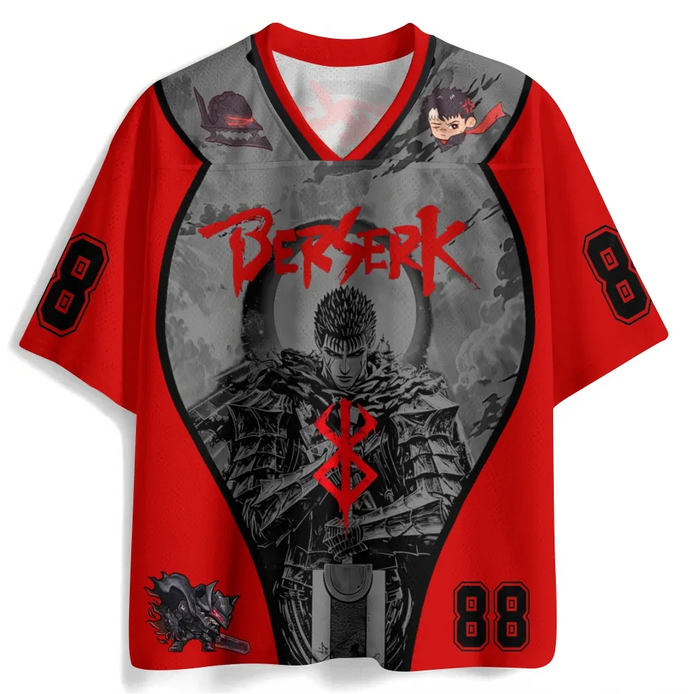 Berserk Guts Football Jersey, Berserker Armor Brand of Sacrifice Number 88 Chibi Puck Anime V-Neck Jersey Shirt, Red Grey Black Sports Tee