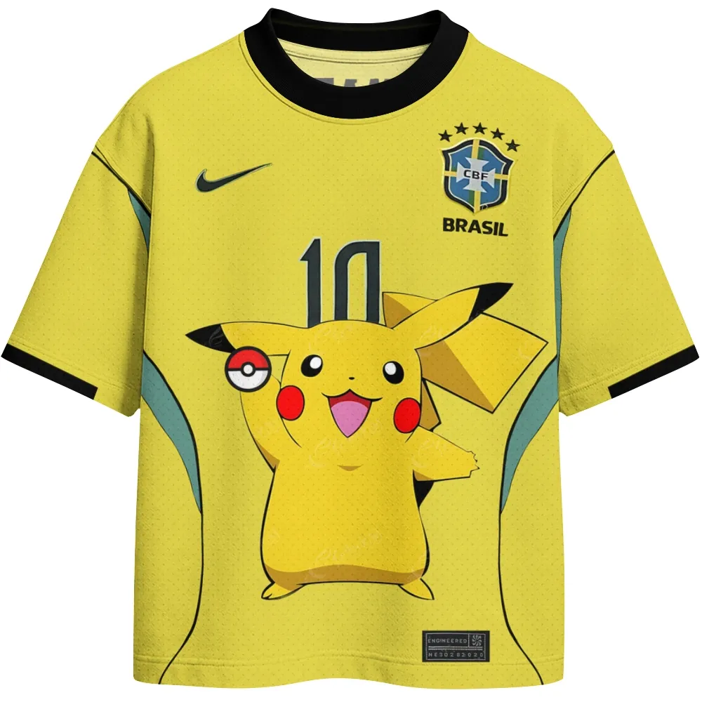 Pokémon Pikachu Brazil Football Jersey, Neymar Jr 10 Canary Yellow Crew Neck Jersey Shirt, Soccer Style Sports Tee for Anime and Futbol Fans