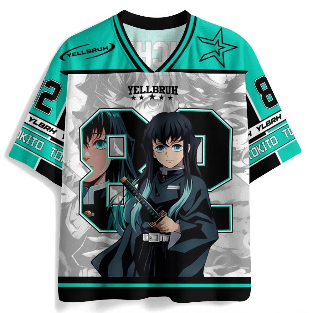 Demon Slayer Muichiro Tokito Football Jersey, Mist Hashira Number 82 Anime V-Neck Jersey Shirt, Teal Black White Grey Sports Tee for Fans