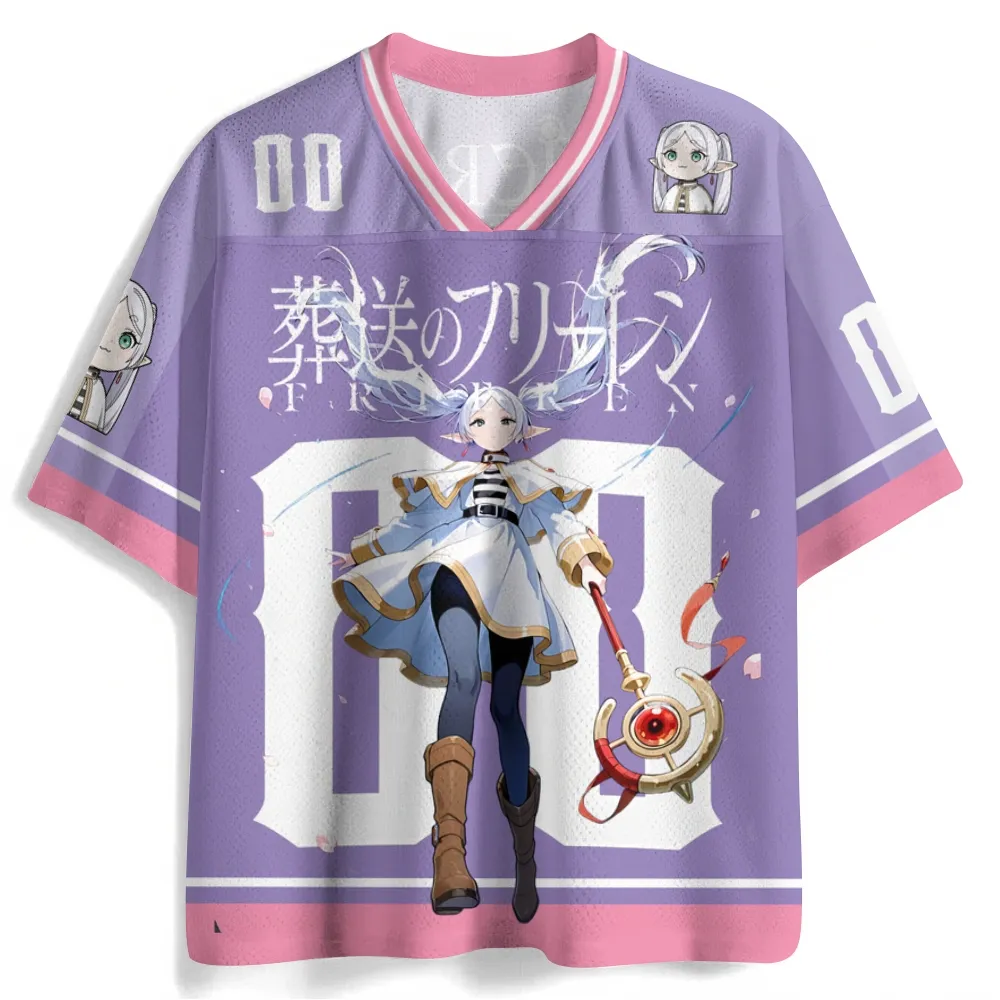 Frieren Beyond Journey's End Football Jersey, Number 00 Elf Mage Anime V-Neck Jersey Shirt, Lavender Pink White Sports Tee for Fans