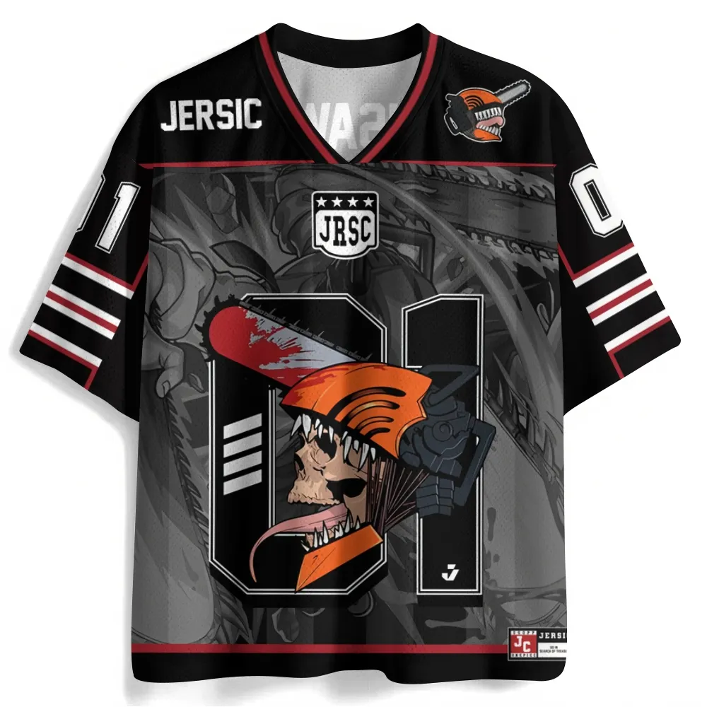 Chainsaw Man Denji Pochita Football Jersey, Chainsaw Devil Hybrid Anime V-Neck Jersey Shirt, Black Gray Red Number 01 Tee for Manga Fans