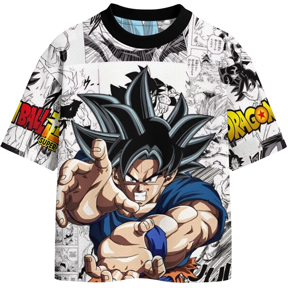 Dragon Ball Super Goku Ultra Instinct Football Jersey, Saiyan Blue Manga Panel Crew Neck Jersey Shirt, White Black and Sky Colored Anime Tee