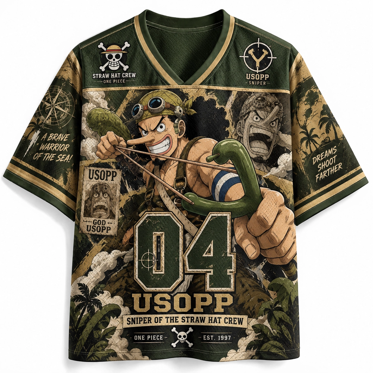 One Piece Usopp Football Jersey, Sniper King of the Straw Hat Crew Number 04 Brave Warrior of the Sea Anime V-Neck Jersey Shirt, Olive Tee