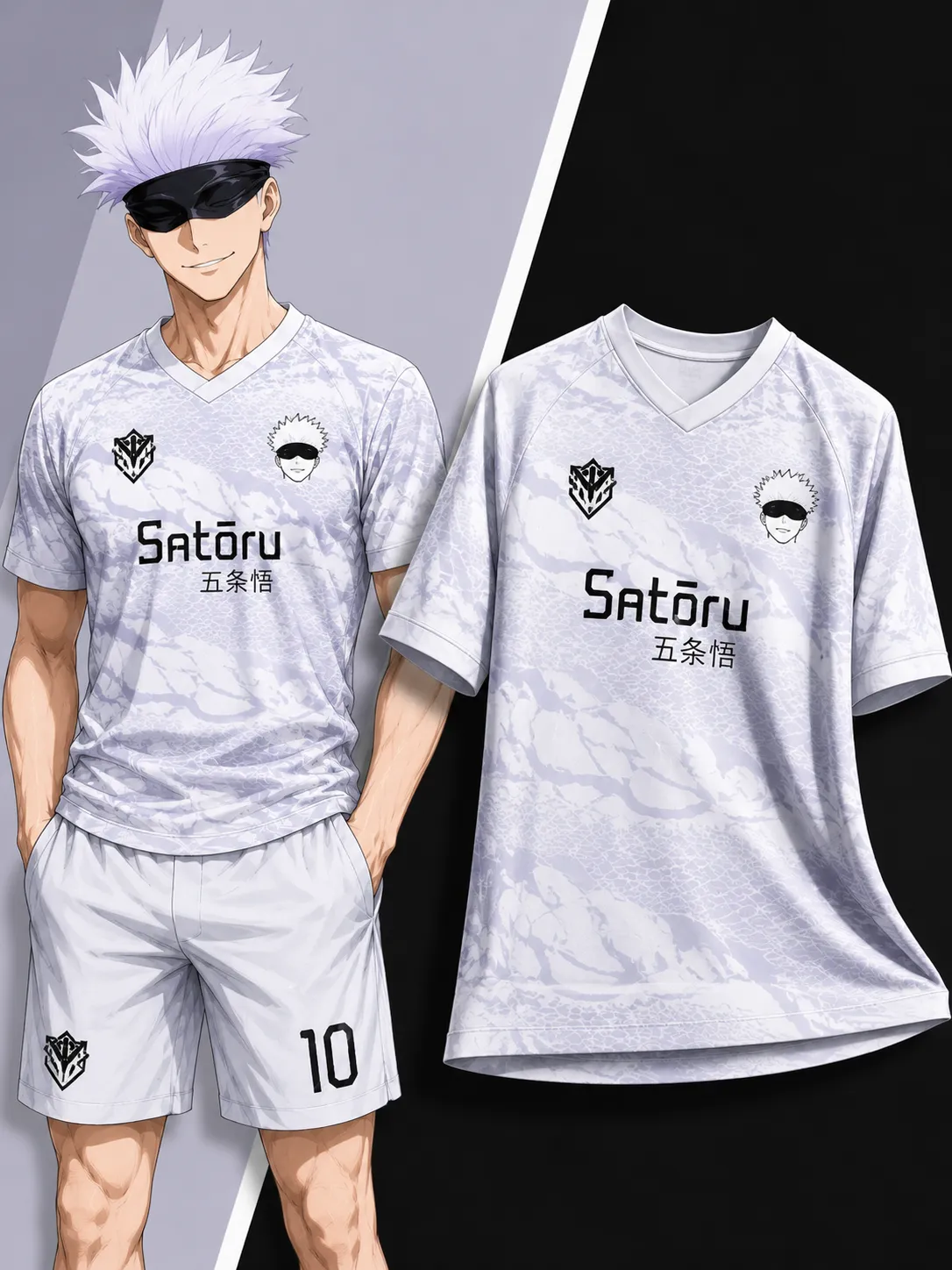 Jujutsu Kaisen Satoru Gojo Football Jersey, Kanji Name Lavender and White Marble V-Neck Anime Soccer Jersey Shirt, Minimal Strongest Sorcerer Tee