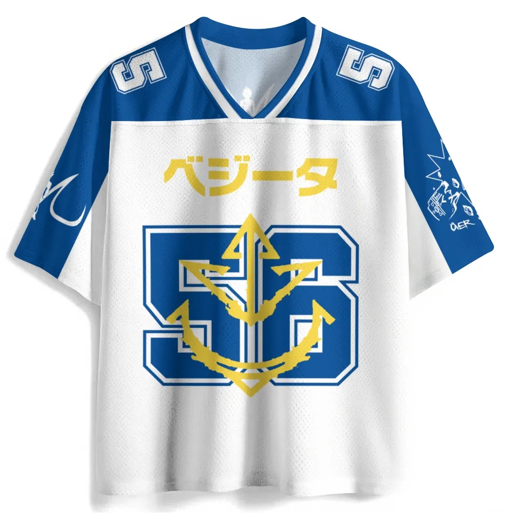 Dragon Ball Z Prince Vegeta Football Jersey, Royal Blue and White Anime V-Neck Jersey Shirt with Number 56, Saiyan Crest Majin Mark Fan Tee
