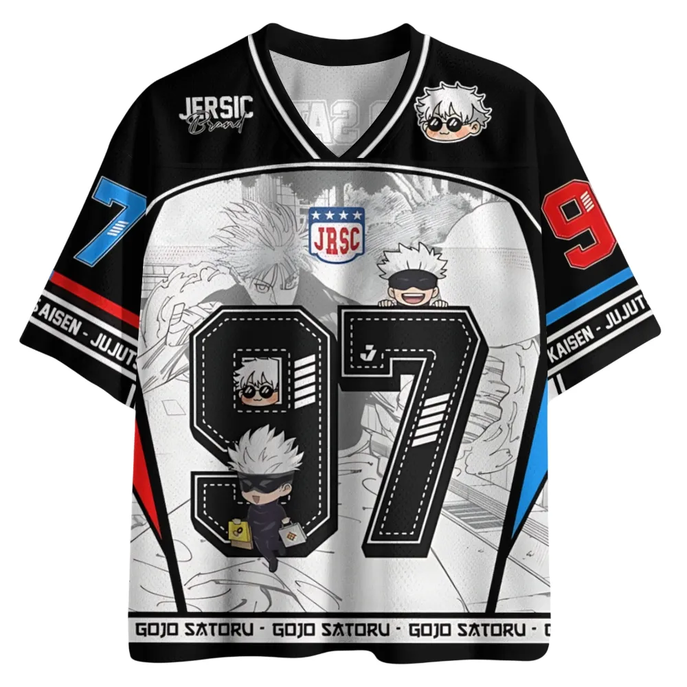 Jujutsu Kaisen Gojo Satoru Football Jersey, Number 97 Chibi Sorcerer Blindfold Manga Anime V-Neck Jersey Shirt, Black White Blue Red Sports Tee