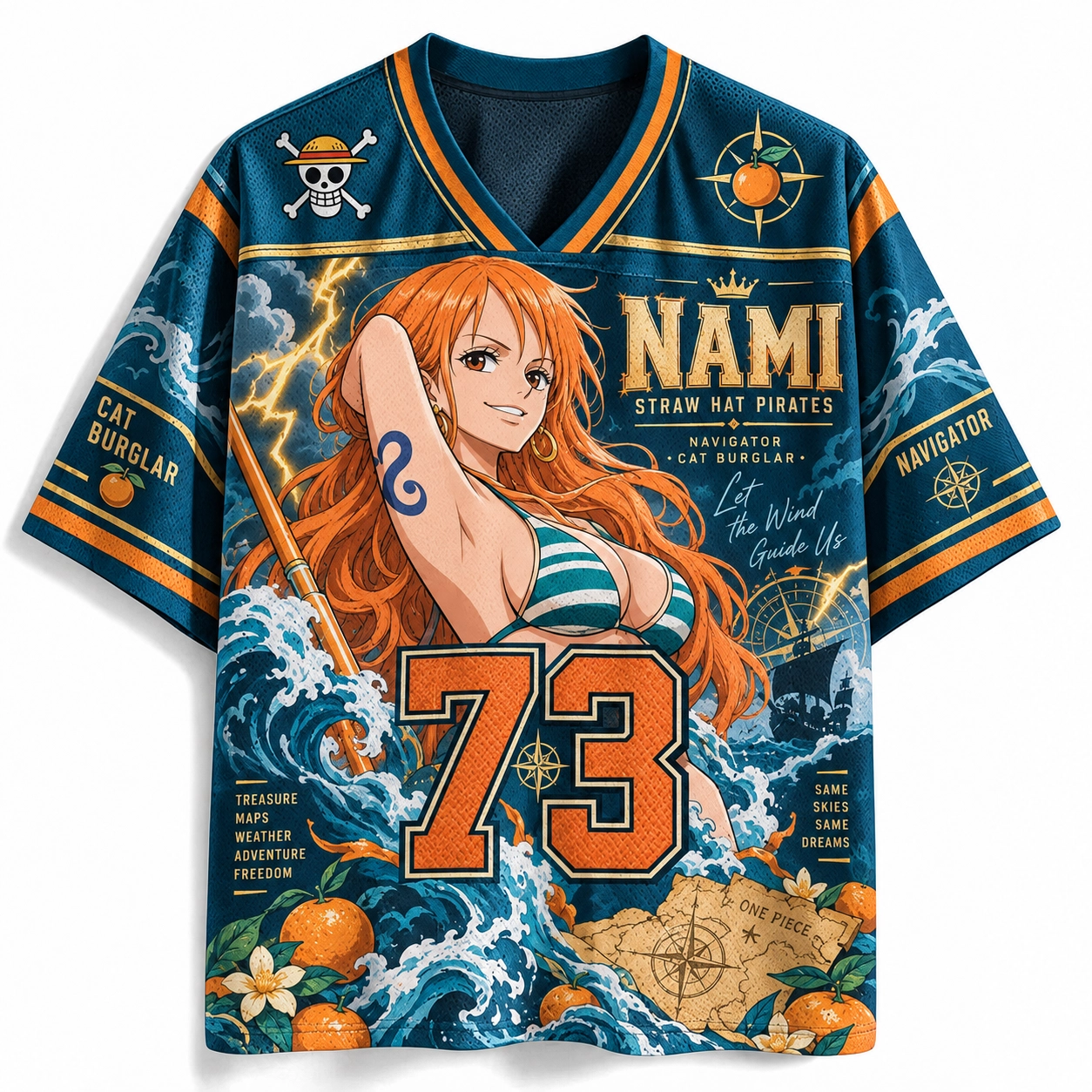 One Piece Nami Football Jersey, Straw Hat Pirates Navigator Cat Burglar Number 73 Anime V-Neck Jersey Shirt, Navy Orange Ocean Wave Tee