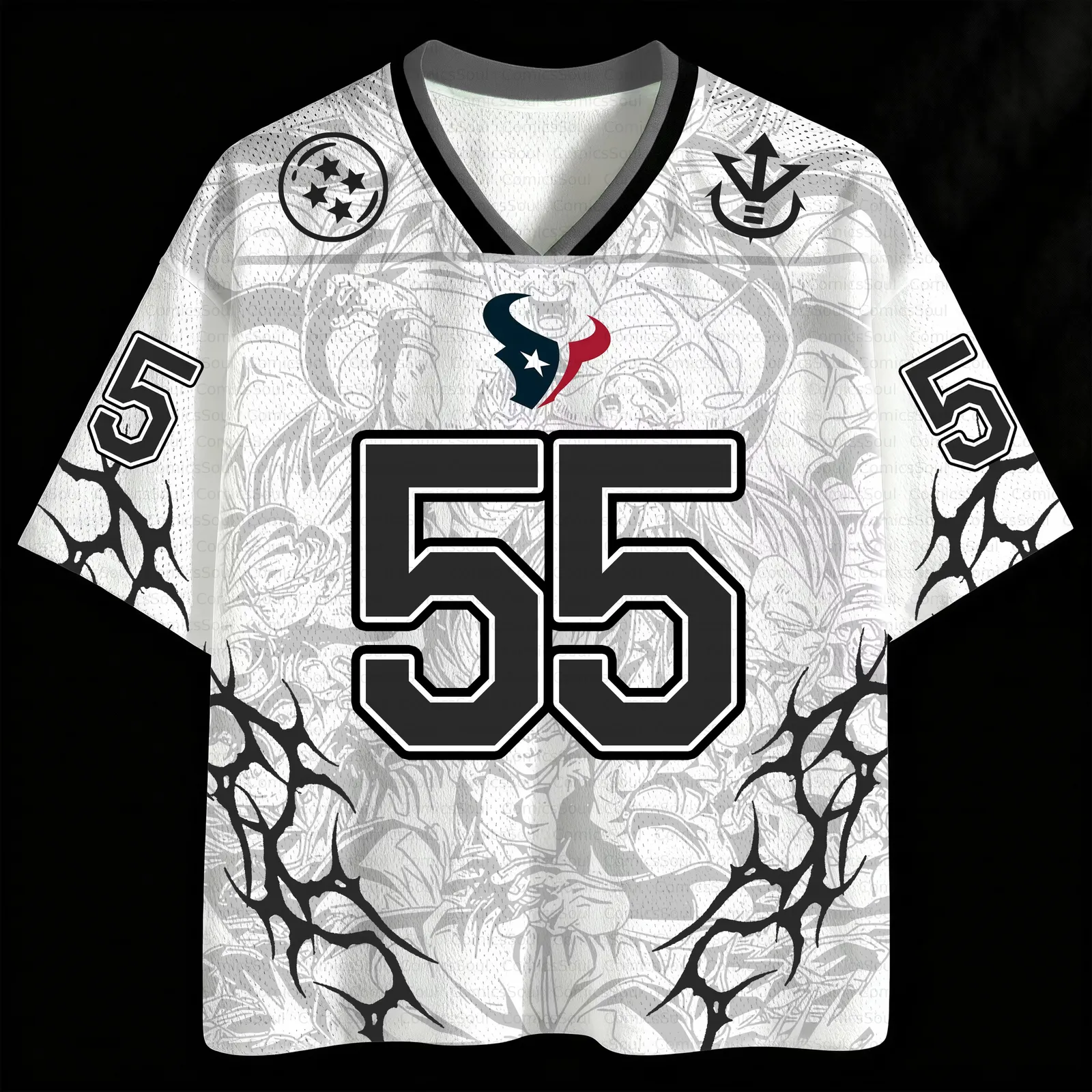 Dragon Ball Z Super Saiyan 4 Goku Football Jersey, Number 55 Anime V-Neck Jersey Shirt, White Black Tribal Pattern Sports Tee for Fans