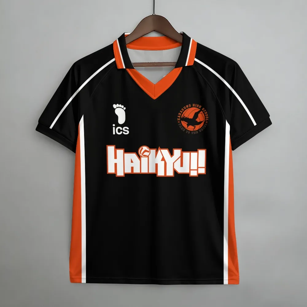Haikyu Karasuno High School Volleyball Club Football Jersey, Black and Orange Collared Anime Soccer Jersey Shirt, Fly Crow Emblem Sports Tee