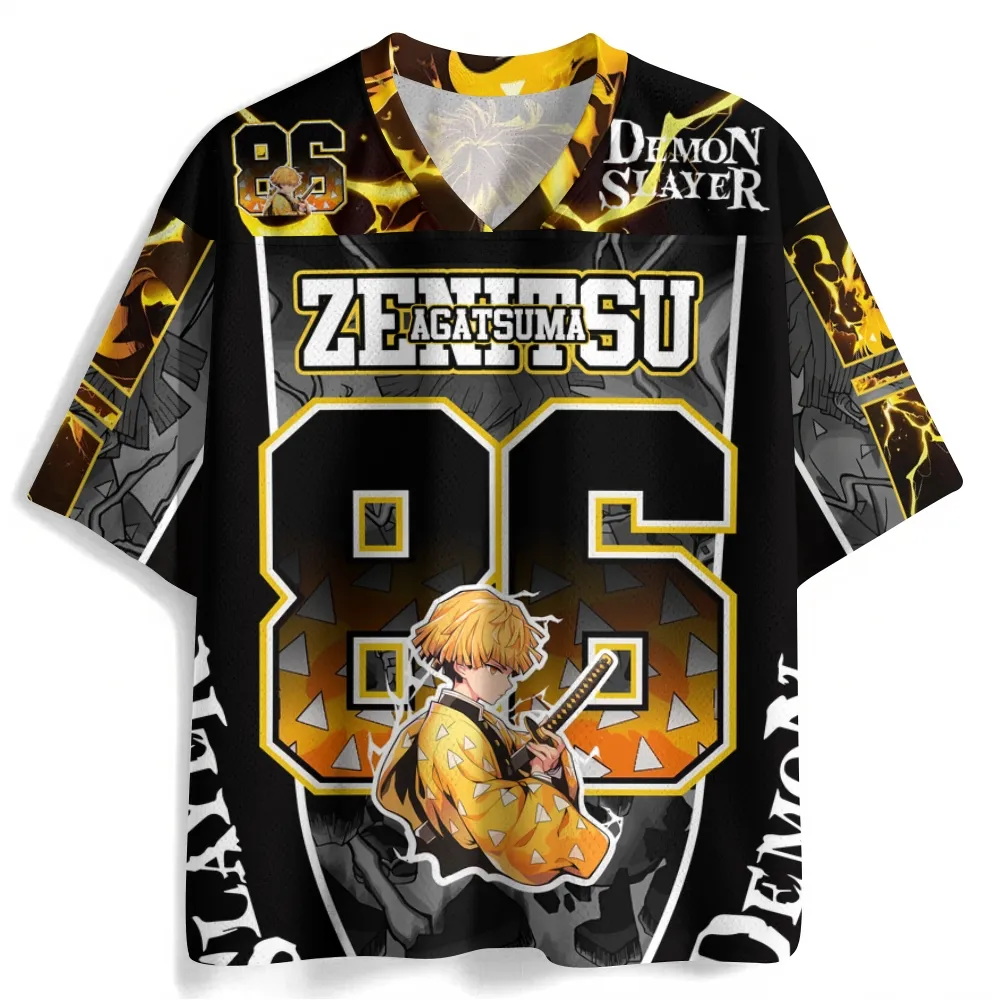 Demon Slayer Zenitsu Agatsuma Football Jersey, Number 86 Thunder Breathing Lightning Kimetsu no Yaiba Anime V-Neck Jersey Shirt, Black Gold Tee