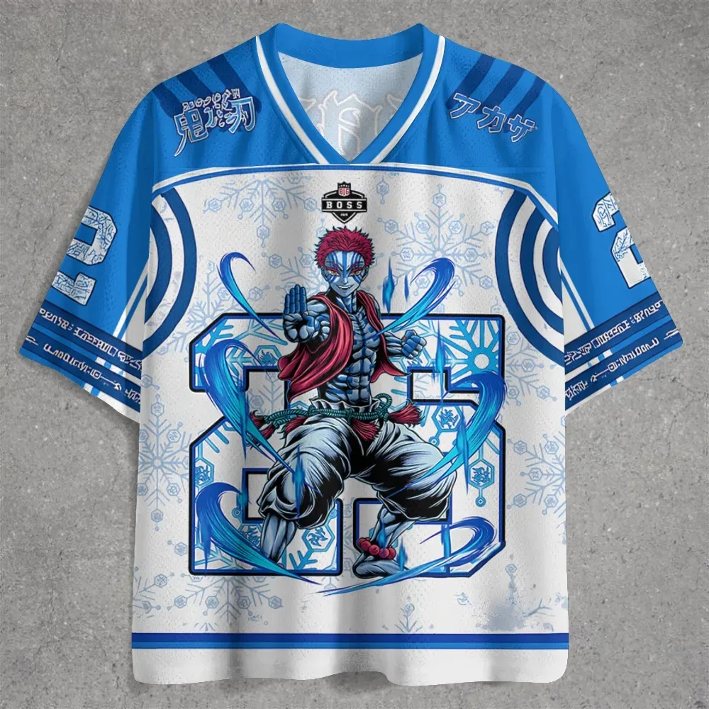 Demon Slayer Akaza Football Jersey, Upper Moon Three Kimetsu no Yaiba Anime V-Neck Jersey Shirt, Sky Blue White Snowflake Number 23 Tee
