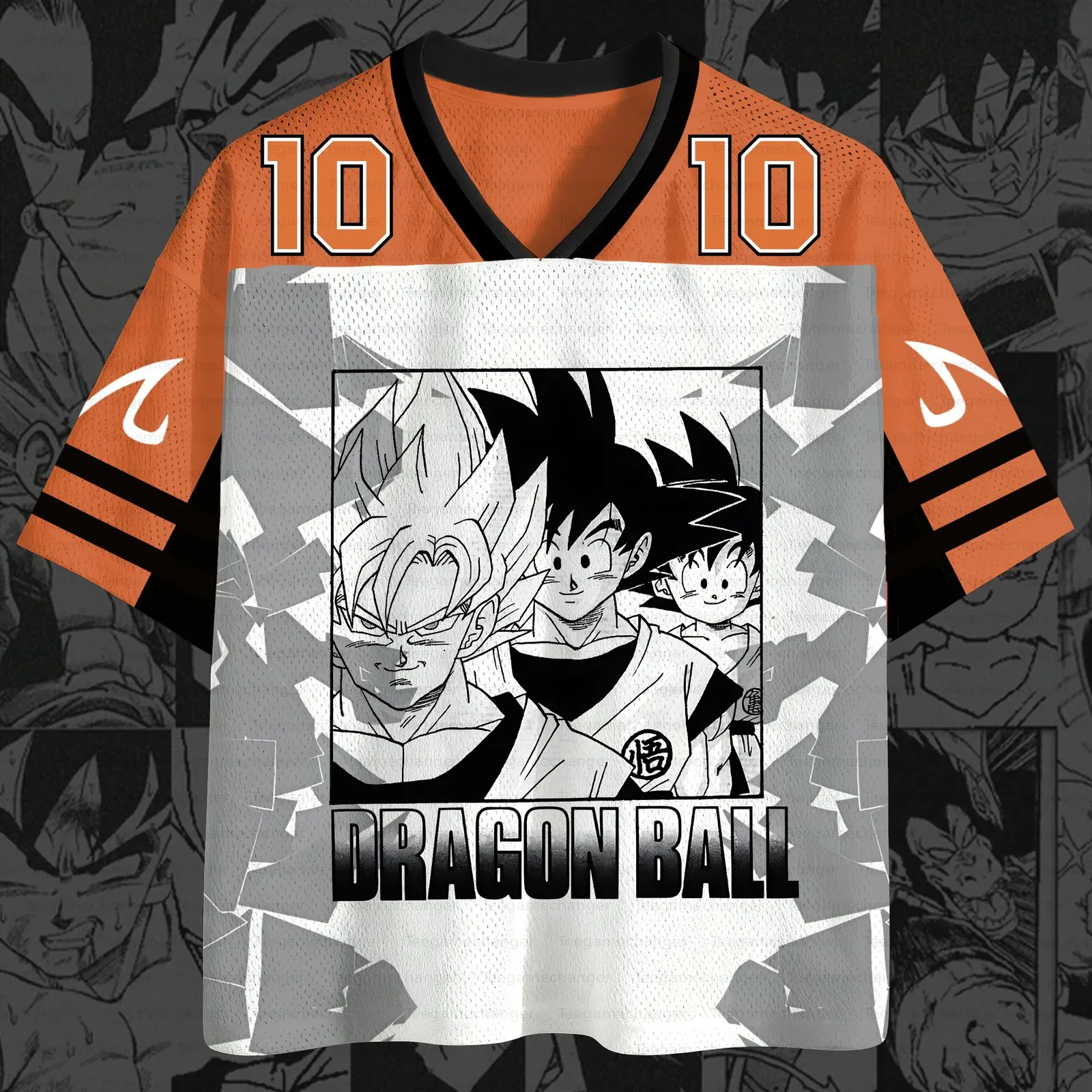 Dragon Ball Z Goku Through the Ages Football Jersey, Frieza Cell Majin Buu 10 Anime V-Neck Jersey Shirt, Orange Grey and White Sports Tee