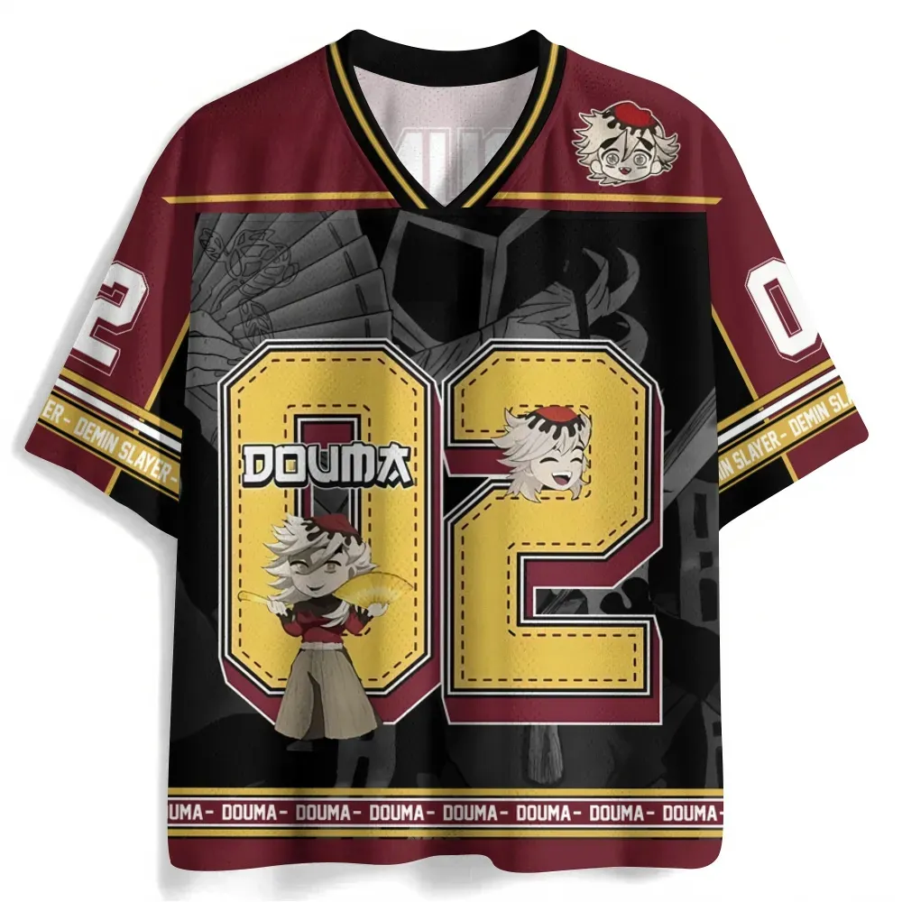 Demon Slayer Douma Football Jersey, Upper Moon Two Kimetsu no Yaiba Anime V-Neck Jersey Shirt, Maroon Black Gold Number 02 Tee for Fans
