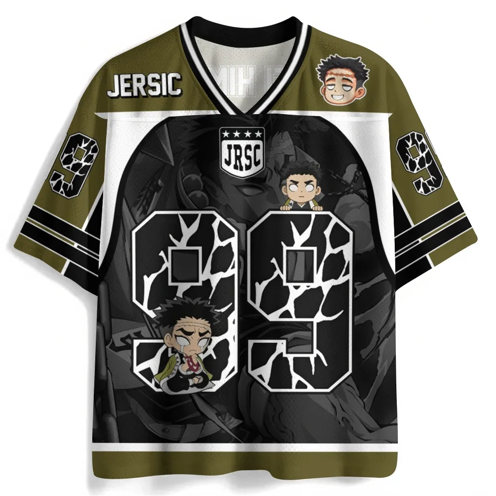 Demon Slayer Gyomei Himejima Football Jersey, Stone Hashira Number 99 Anime V-Neck Jersey Shirt, Olive Black White Mesh Tee for Fans