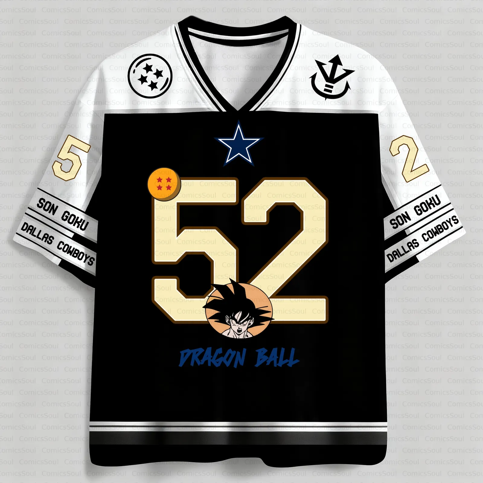 Dragon Ball Z Son Goku Football Jersey, Super Saiyan Number 52 Black and White Anime V-Neck Jersey Shirt, Four Star Orb Royal Crest Sports Tee
