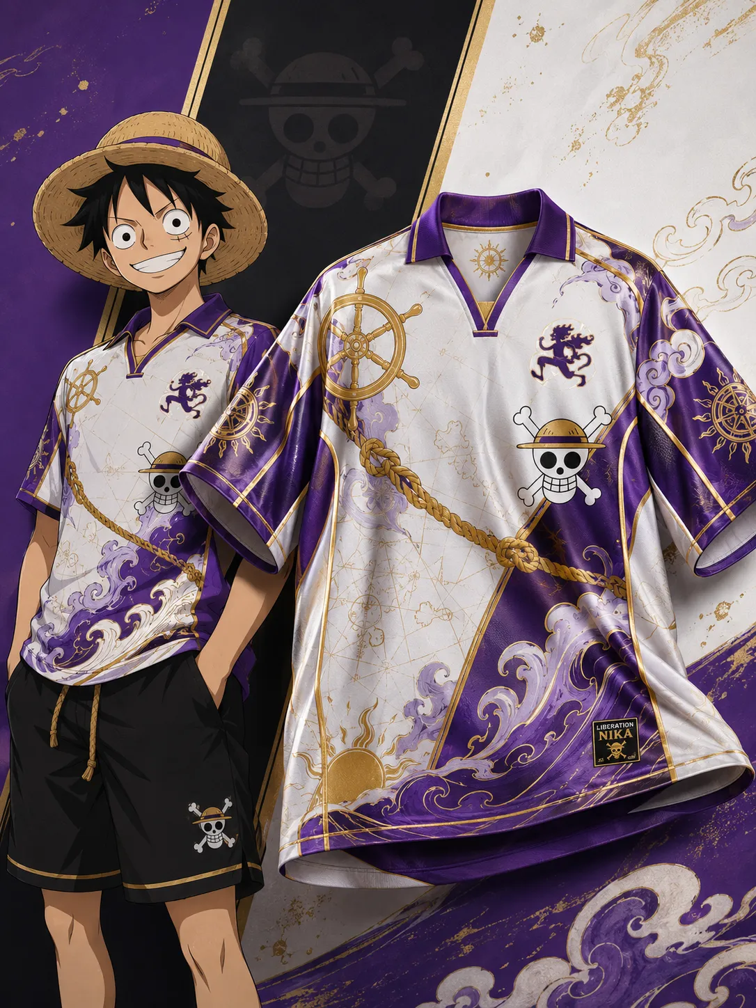 One Piece Luffy Gear 5 Nika Football Jersey, Straw Hat Pirates Collared V-Neck Jersey Shirt, Purple White Gold Anime Tee for Fans