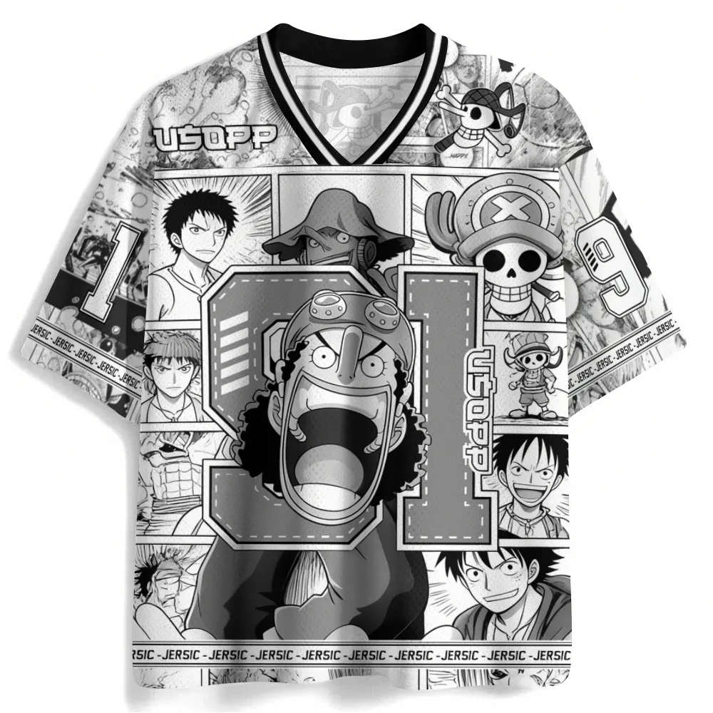 One Piece Usopp Football Jersey, Sogeking Skull Mask Straw Hat Crew Luffy Chopper Manga Collage Anime V-Neck Jersey Shirt, Black White Grey Tee