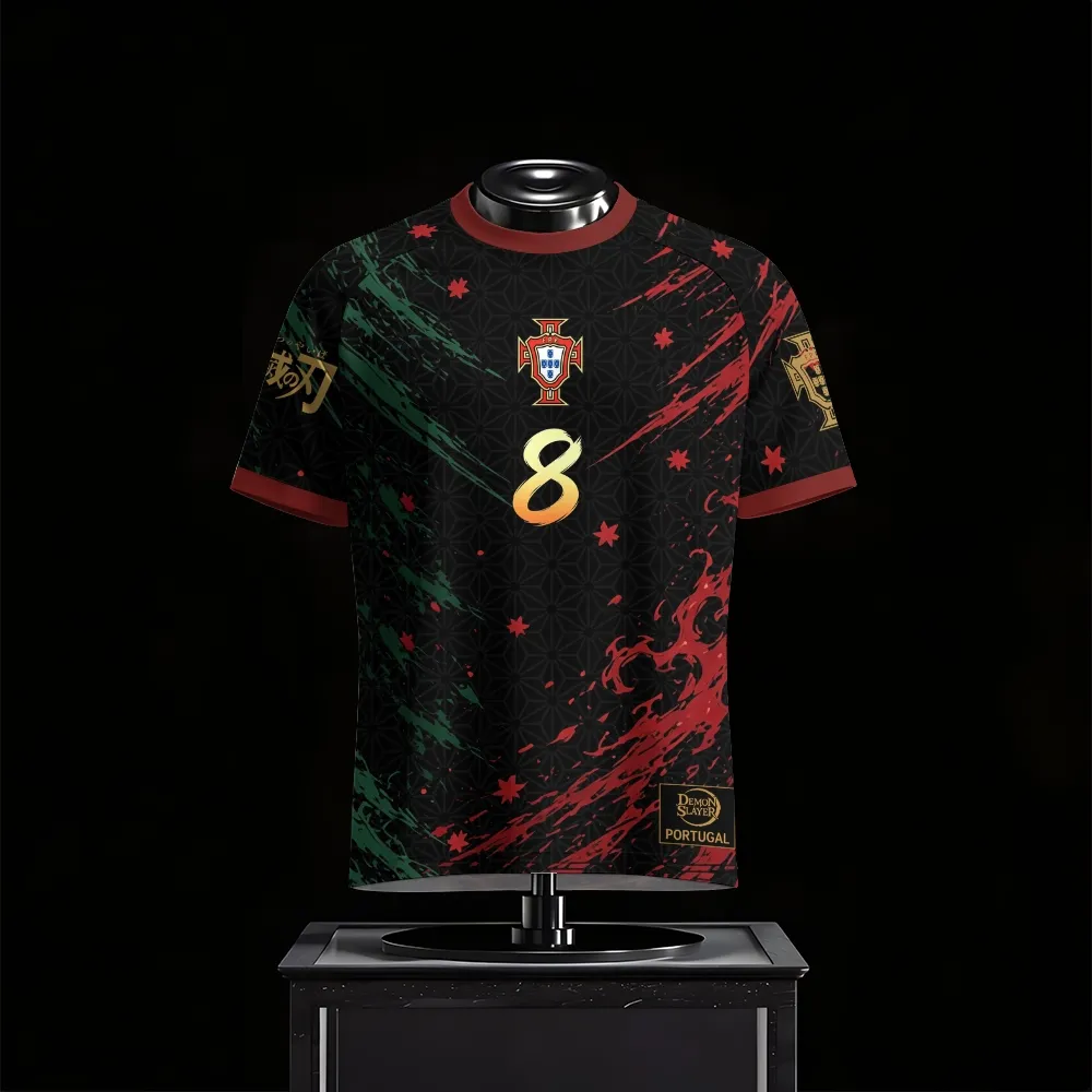 Demon Slayer Kyojuro Rengoku Portugal Football Jersey, Flame Hashira Number 8 Black Red and Green Crew Neck Anime Soccer Jersey Shirt, Kimetsu