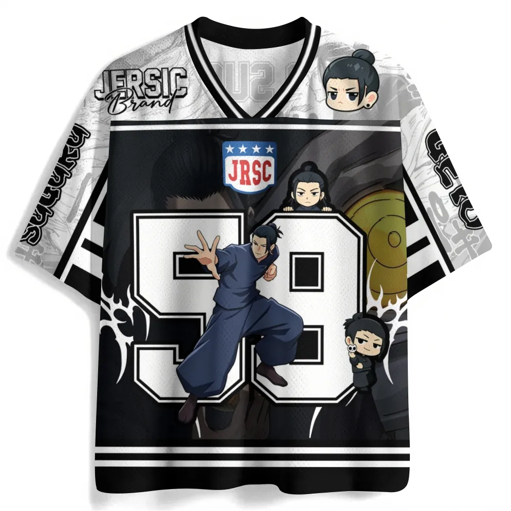 Jujutsu Kaisen Suguru Geto Football Jersey, Cursed Spirit Manipulation Anime V-Neck Jersey Shirt, Black White Gray Number 59 Tee for Fans
