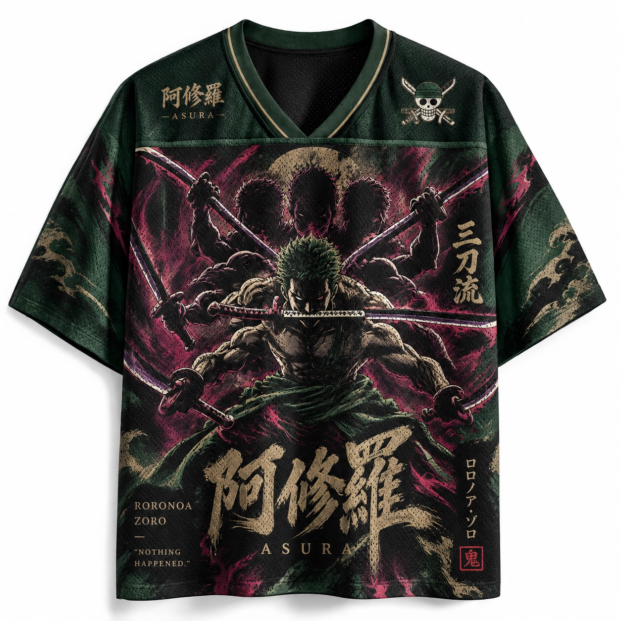 One Piece Roronoa Zoro Asura Football Jersey, Santoryu Demon Aura Gold Kanji Anime V-Neck Jersey Shirt, Dark Green and Black Sports Tee