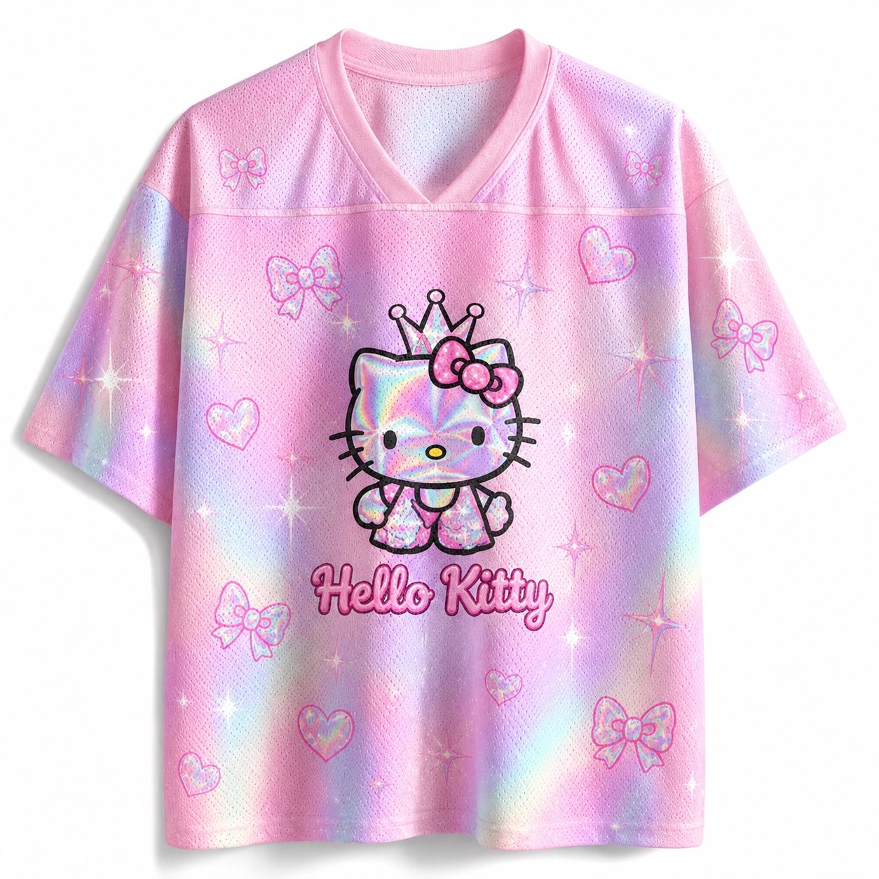 Sanrio Hello Kitty Football Jersey, Holographic Princess with Crown Pastel Pink Rainbow V-Neck Jersey Shirt, Kawaii Bows and Hearts Sports Tee