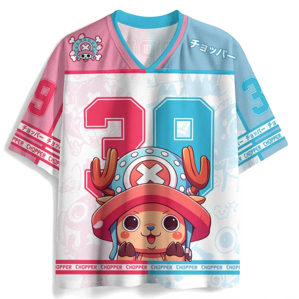 One Piece Tony Tony Chopper Football Jersey, Number 39 Pink and Blue Anime V-Neck Jersey Shirt, Cute Reindeer Doctor Sports Tee for Fans