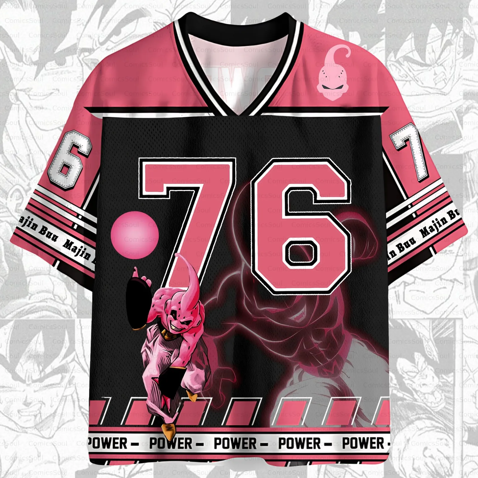Dragon Ball Z Majin Buu Football Jersey, Kid Buu Super Buu Power Number 76 Anime V-Neck Jersey Shirt, Pink Black Tee for Fans