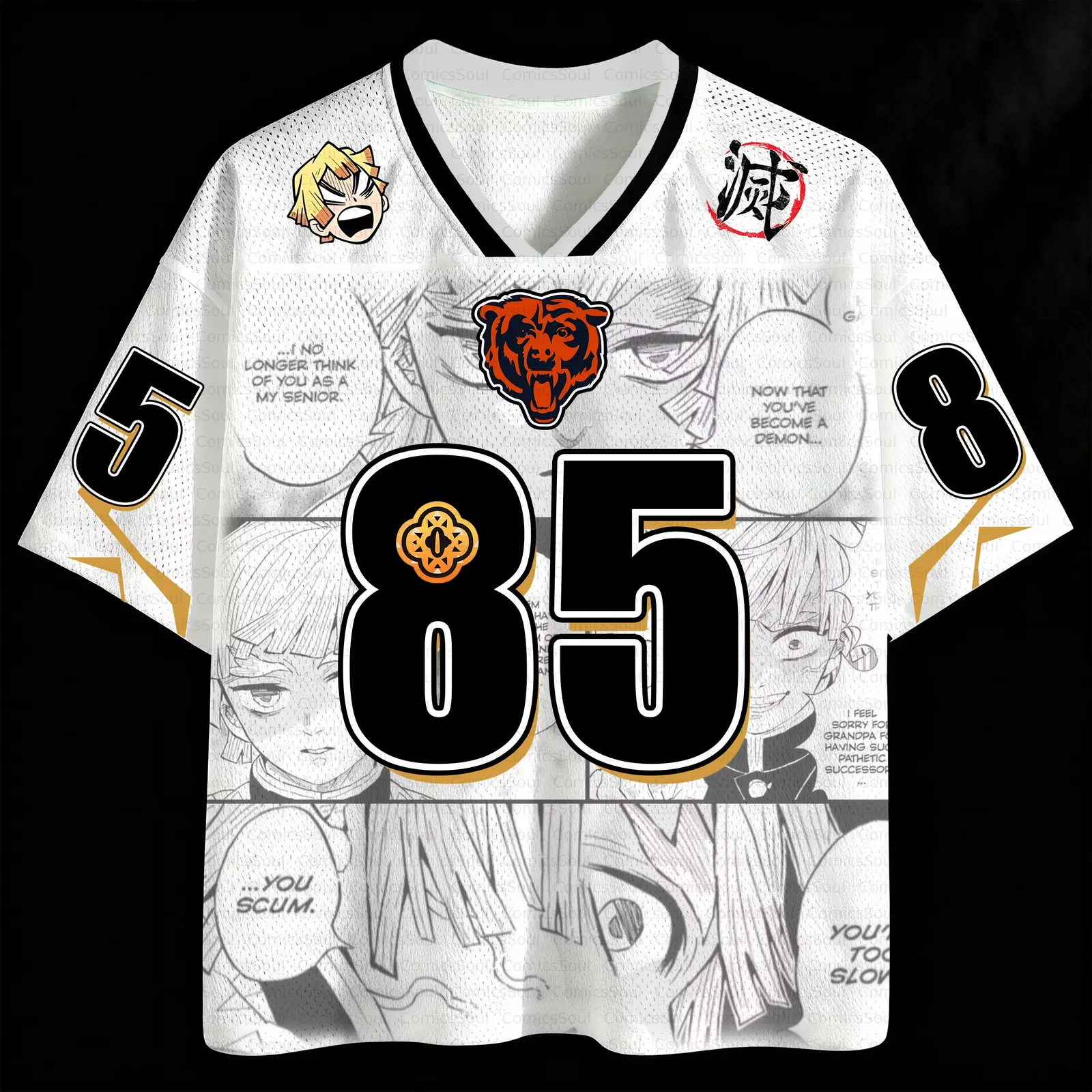 Demon Slayer Zenitsu Agatsuma Football Jersey, Thunder Breathing Kimetsu no Yaiba Anime V-Neck Jersey Shirt, White Black Number 85 Tee