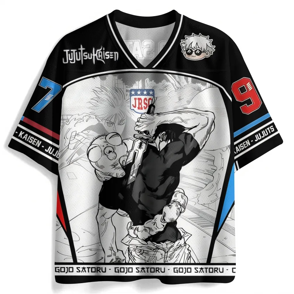 Jujutsu Kaisen Gojo Satoru Toji Fushiguro Football Jersey, Number 97 Manga Scene Anime V-Neck Jersey Shirt, Black White Mesh Tee for JJK Fans