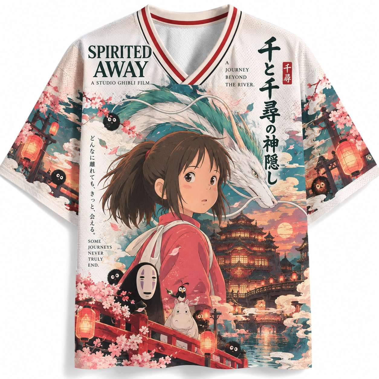Spirited Away Chihiro Haku Football Jersey, Studio Ghibli No Face Bathhouse Number 10 Anime V-Neck Jersey Shirt, Cream Teal Pink Tee for Fans
