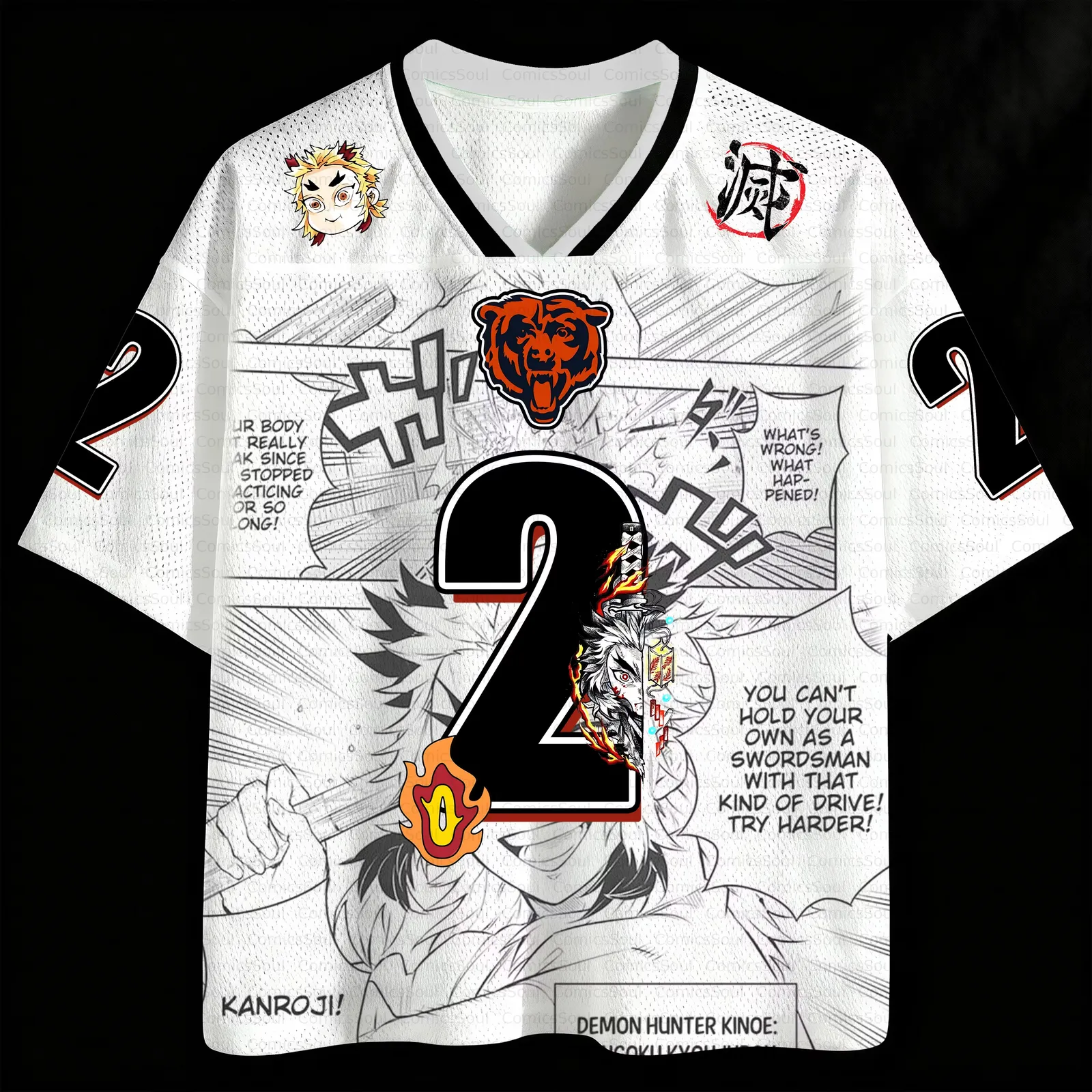 Demon Slayer Kyojuro Rengoku Football Jersey, Flame Hashira Number 2 Manga Panel Kimetsu no Yaiba Anime V-Neck Jersey Shirt, White Black Tee
