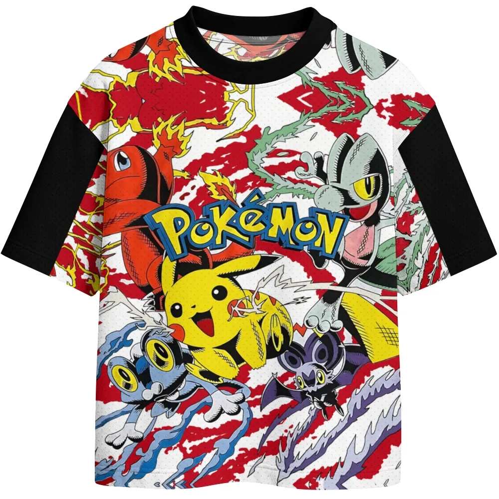 Pokémon Pikachu Charizard Greninja Froakie Football Jersey, Kalos Pokemon Battle Comic Art Crew Neck Jersey Shirt, White Red and Black Tee