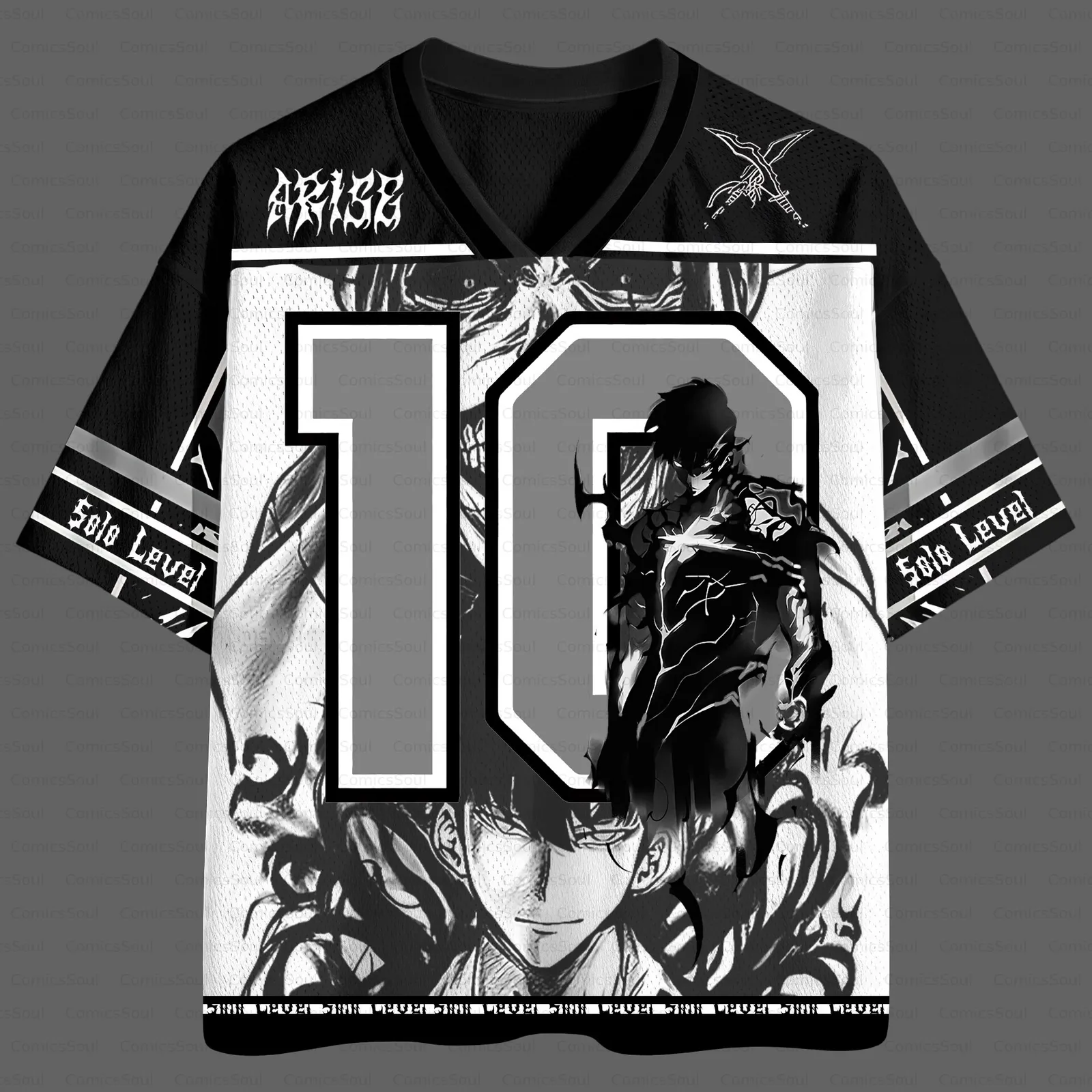 Solo Leveling Sung Jinwoo Football Jersey, Arise Shadow Monarch Black and White Manhwa V-Neck Jersey Shirt, Number 10 No Limit Tee