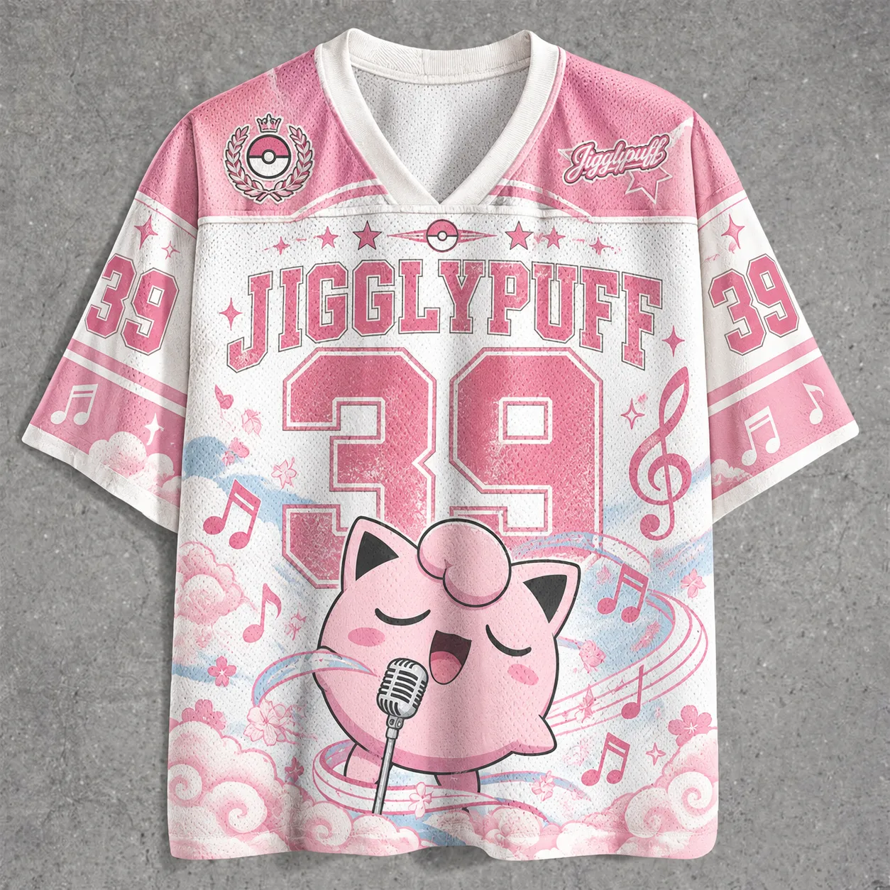 Pokémon Jigglypuff Football Jersey, Number 39 Singing Microphone Music Notes Anime V-Neck Jersey Shirt, Pastel Pink and White Sports Tee