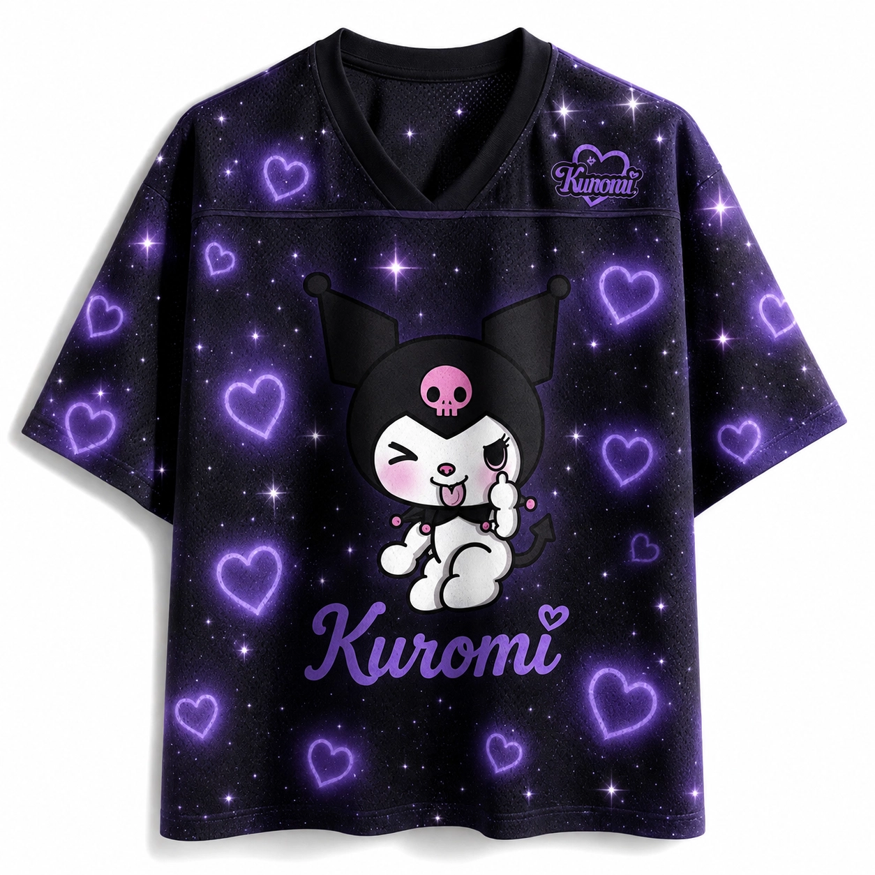 Kuromi Football Jersey, Purple Galaxy Neon Hearts Kawaii V-Neck Jersey Shirt, Sanrio Winking Devil Tail Bunny Cute Goth Anime Fan Tee