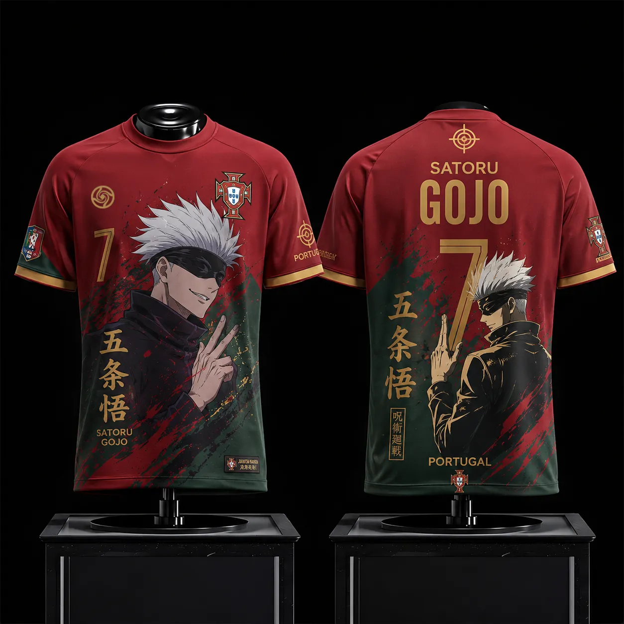 Jujutsu Kaisen Satoru Gojo Football Jersey, Six Eyes Strongest Sorcerer Anime Crew Neck Jersey Shirt, Red Green Gold Number 7 Tee