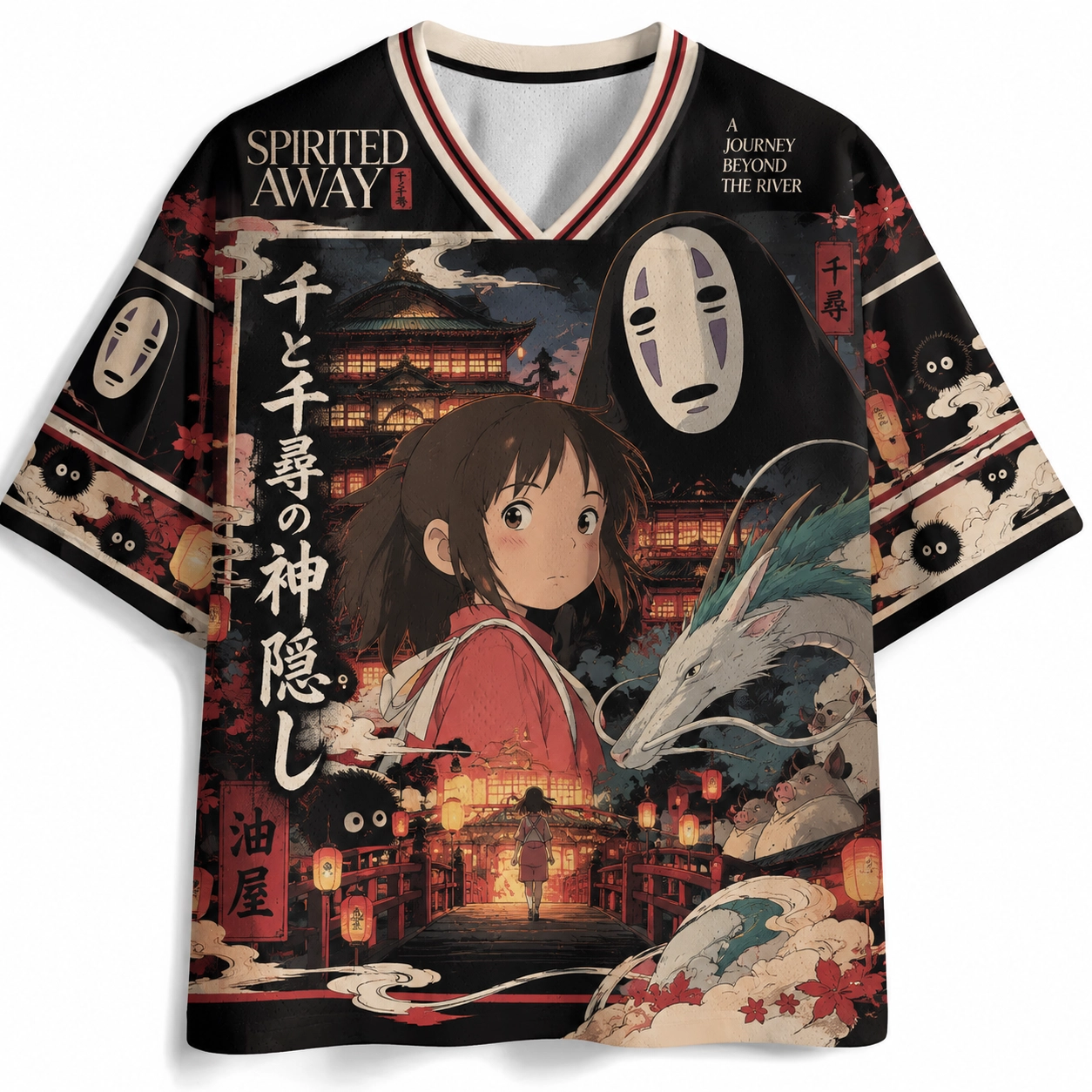 Studio Ghibli Spirited Away Chihiro No-Face Haku Football Jersey, Bathhouse Lantern Night 05 Anime V-Neck Jersey Shirt, Black Red and Cream Tee
