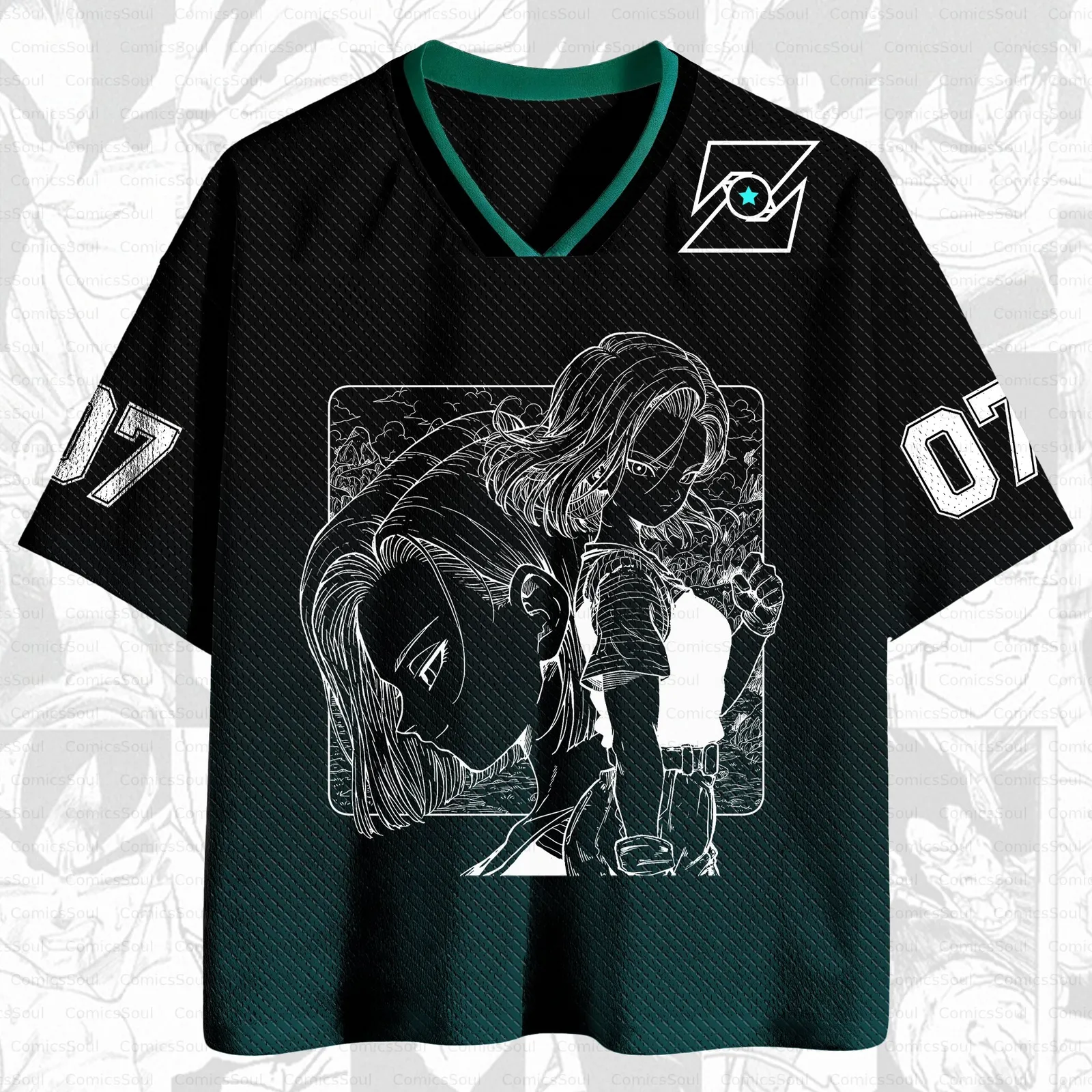 Dragon Ball Kai Android 18 Football Jersey, Neon Teal Line Art Number 07 Black and Green Gradient Anime V-Neck Jersey Shirt, Cyborg Manga Tee