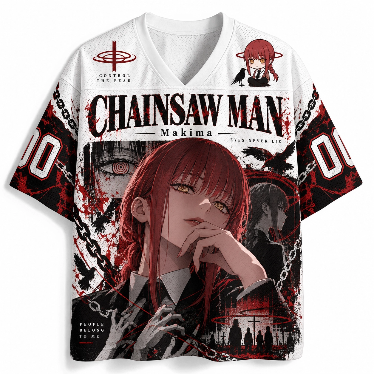 Chainsaw Man Makima Football Jersey, Control Devil Number 00 White Red and Black Anime V-Neck Jersey Shirt, Eyes Never Lie Chains and Crows Tee