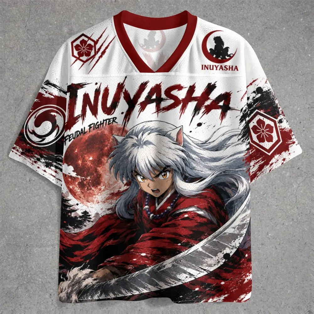 Inuyasha Feudal Fighter Football Jersey, White and Crimson Red Blood Moon Anime V-Neck Jersey Shirt, Half-Demon Silver Hair Fan Tee
