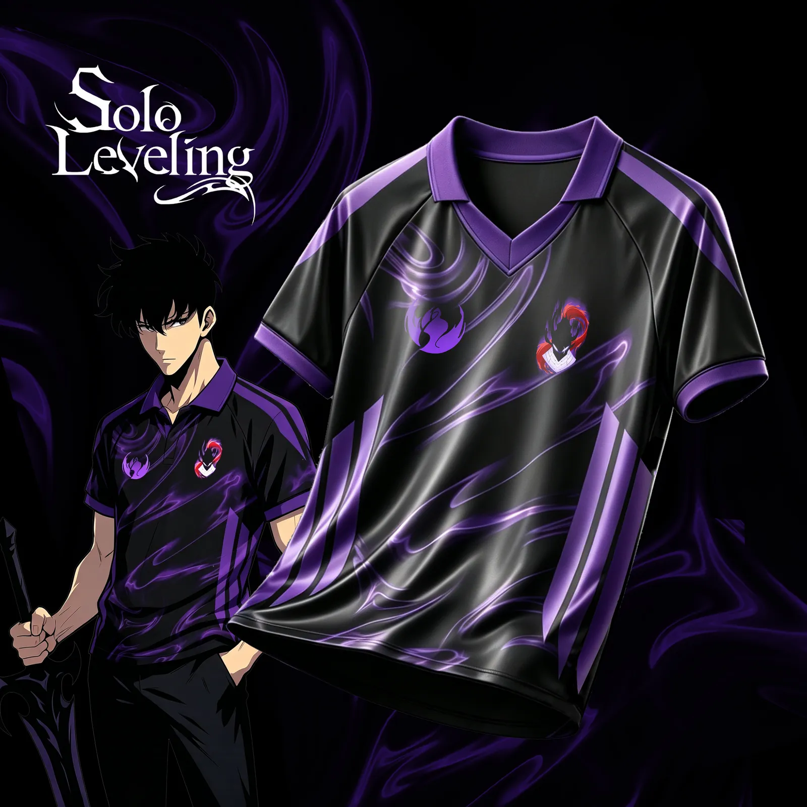 Solo Leveling Sung Jin-Woo Football Jersey, Shadow Monarch Purple Smoke Emblems Hunter Guild Anime Collared Jersey Shirt, Black Violet Soccer Tee
