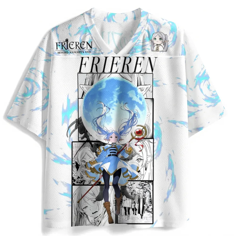 Frieren Beyond Journey's End Football Jersey, Elf Mage Manga Panel Full Moon Japanese Title Anime V-Neck Jersey Shirt, White Sky Blue Tee