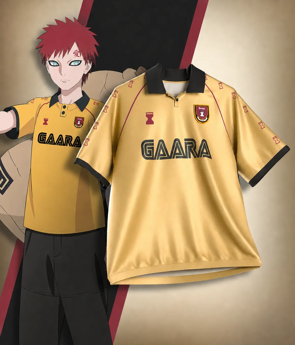 Naruto Gaara of the Sand Football Jersey, Kazekage Gourd Crest Anime Soccer Style Jersey Shirt, Desert Yellow and Black Retro Sports Tee for Fans