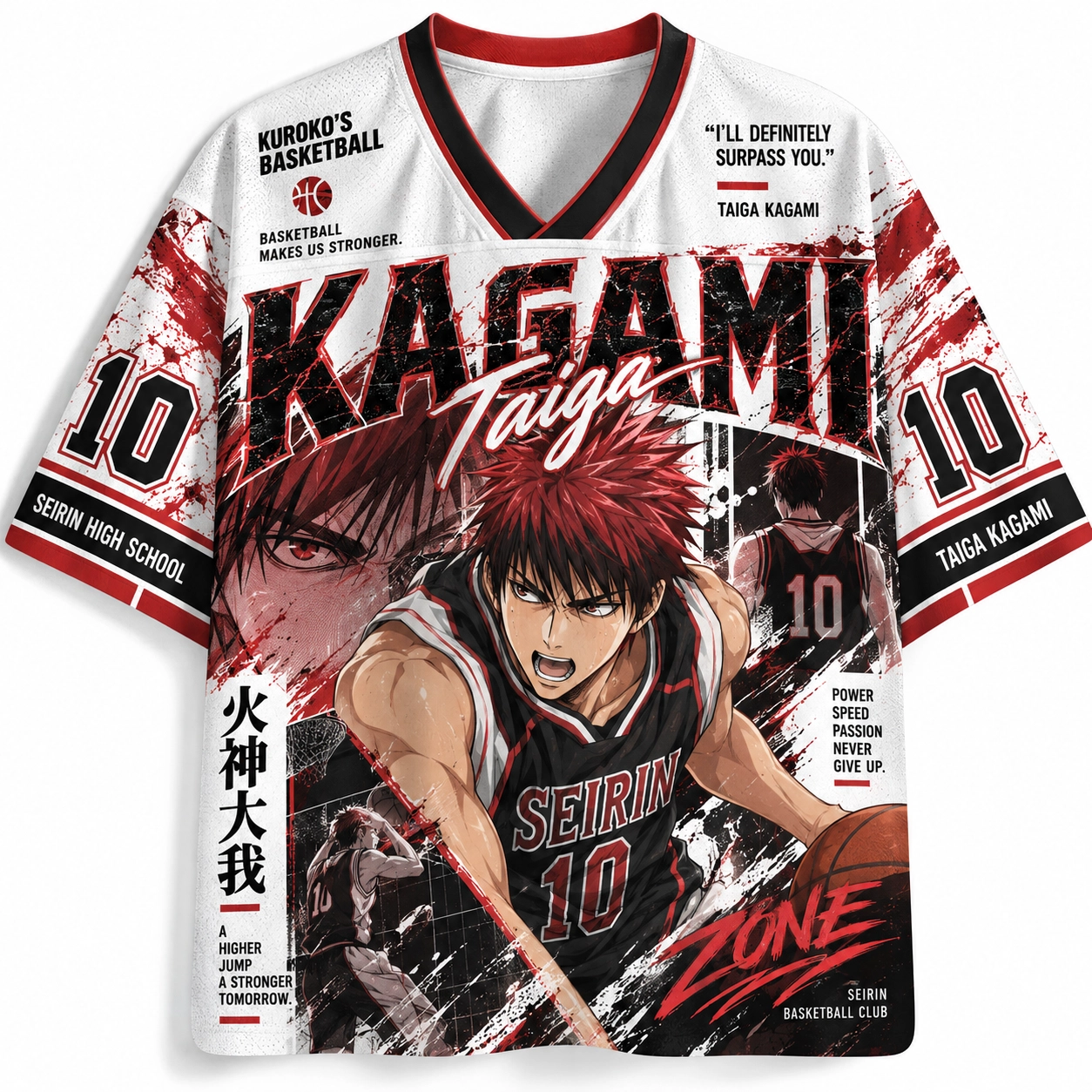 Kuroko's Basketball Taiga Kagami Football Jersey, Seirin High School Number 10 Anime V-Neck Jersey Shirt, White Red Black Splatter Tee