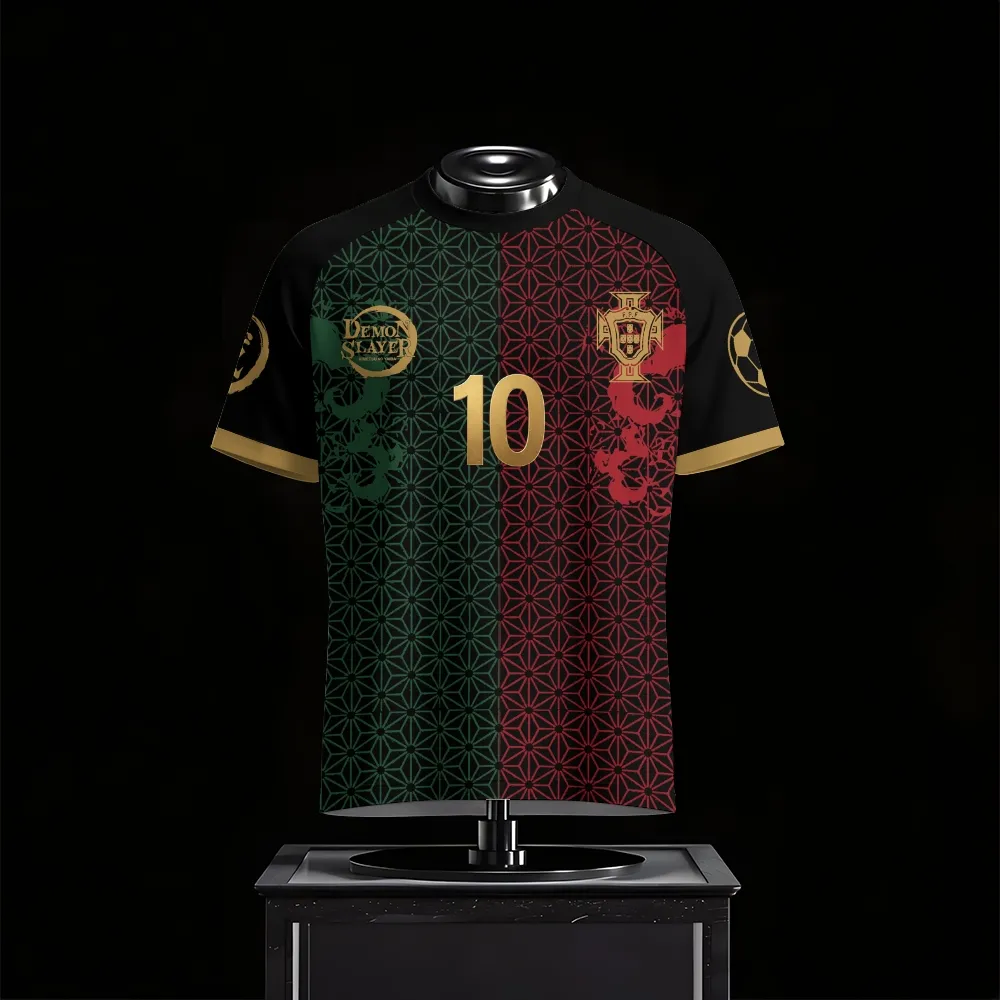 Demon Slayer Tanjiro Kamado Football Jersey, Portugal Style Number 10 Crew Neck Soccer Jersey Shirt, Green Red Black Gold Sports Tee