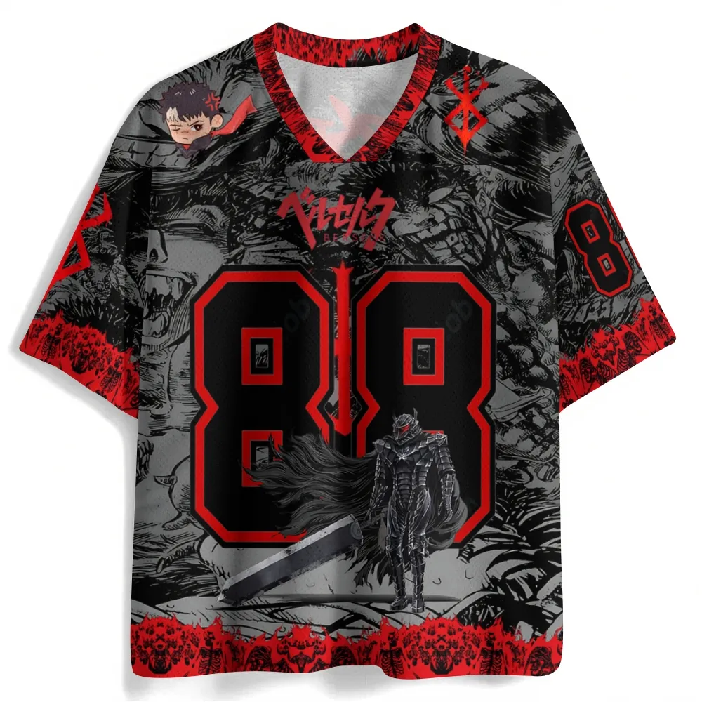 Berserk Guts Football Jersey, Berserker Armor Grey and Red Dark Fantasy Manga V-Neck Jersey Shirt, Number 88 Brand of Sacrifice Fan Tee