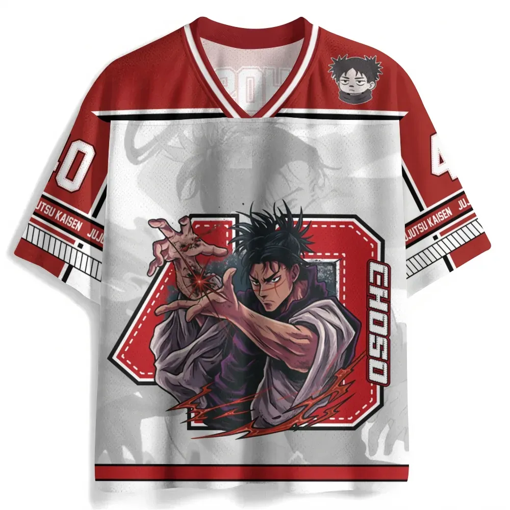 Jujutsu Kaisen Choso Football Jersey, Blood Manipulation Number 40 Anime V-Neck Jersey Shirt, Red White Grey Mesh Tee for JJK Fans